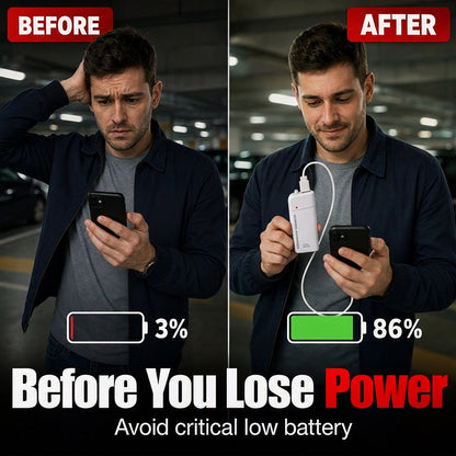 Bærbar nødlader for mobiltelefoner – powerbank drevet av AA-batterier med LED-lommelykt