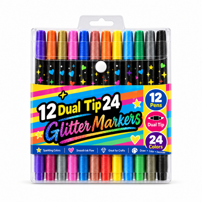 24 glittertusjer med dobbel spiss – metalliske farger