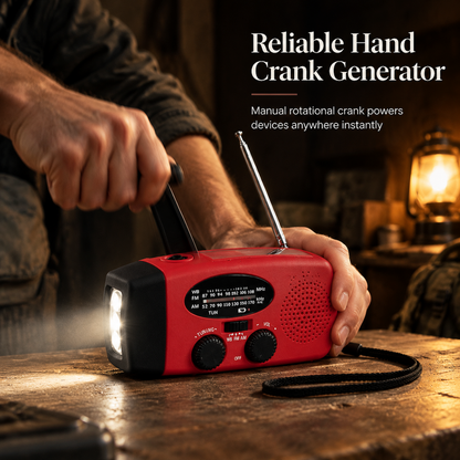 Nødradio med solcelle og håndsveiv – AM/FM, LED og 2000 mAh