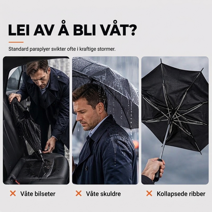 🔥50 % rabatt🔥 Ekstra stor, vindsikker sammenleggbar paraply – Tåler enhver påkjenning fra været, maksimal beskyttelse! 🛡️ 130 cm XXLL-tak, 12 forsterkede ribber, raskt tørkende ⚡